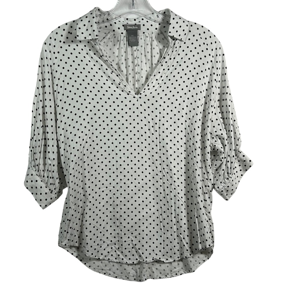 Neiman Marcus Polka‎ Dot V-Neck Blouse White Black 3/4 Sleeve Rayon XS